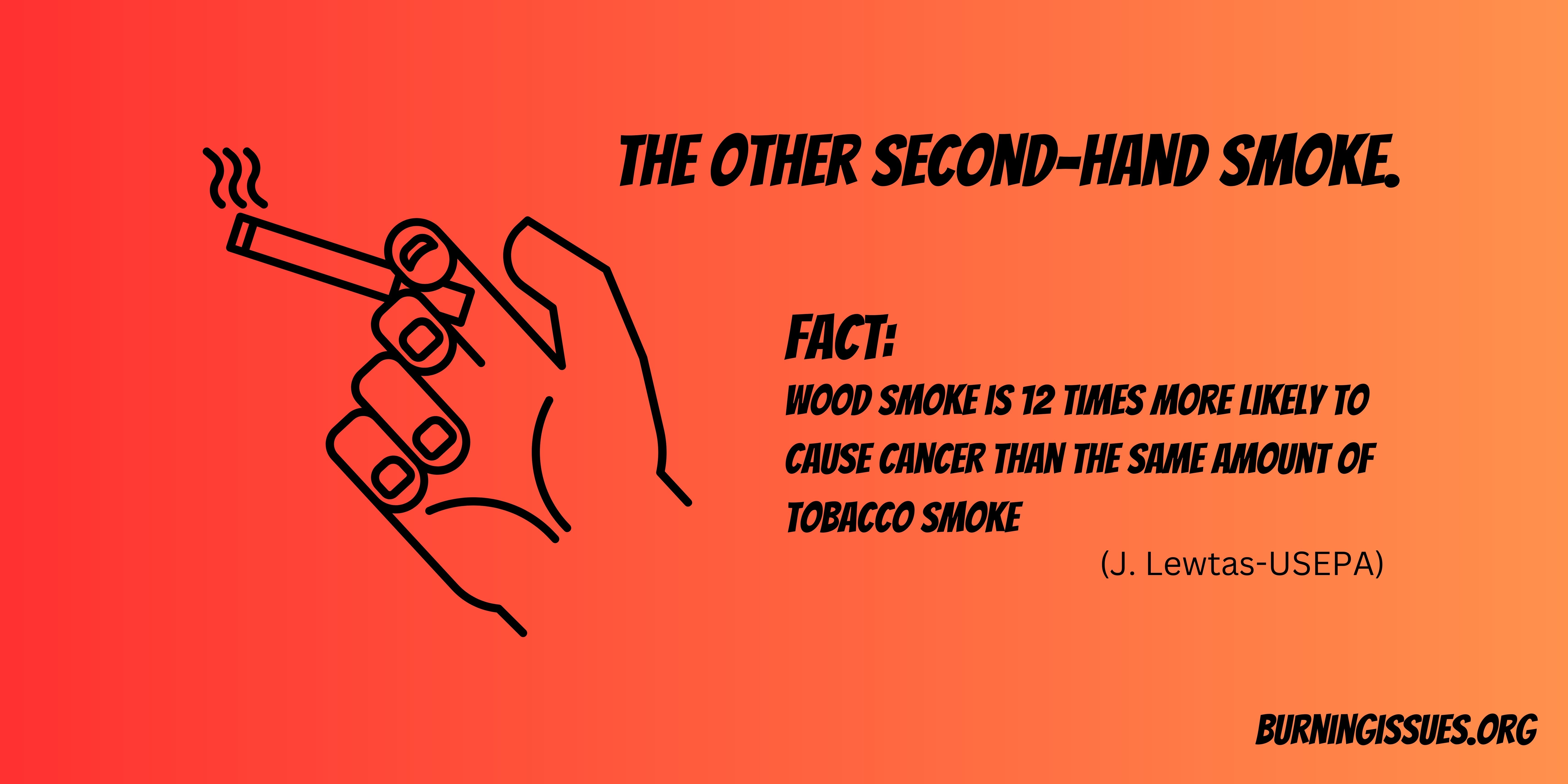 the other second-hand smoke. Fact: Wood smoke is 12 times more likely to cause cancer than the same amount of tobacco smoke. (J. Lewtas-USEPA)